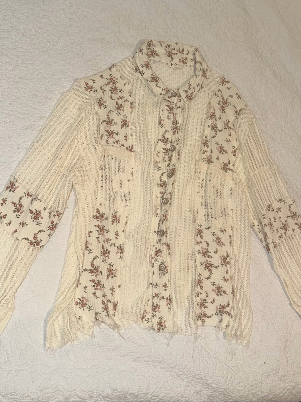 POL Cream Floral Button-Front Knit Top